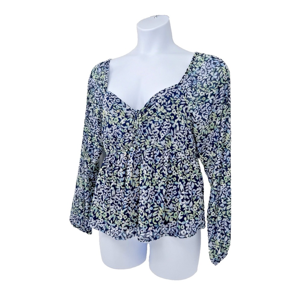 Madison & Berkeley M Long Sleeve Floral Blouse Sheer babydoll boho festival